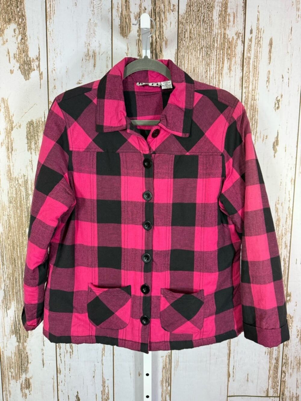 KEREN hart, Pink and Black Buffalo Check Utility Jacket. Size Medium.